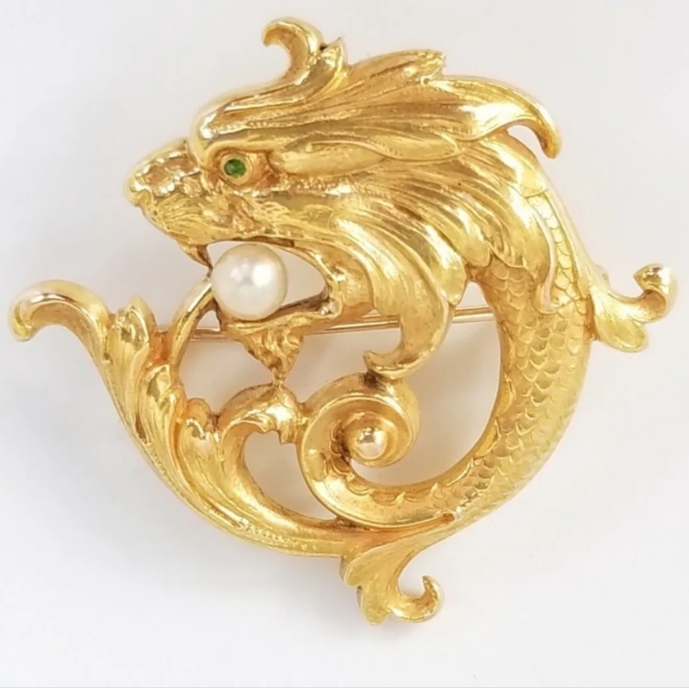 Carter & Gough Antique Art Nouveau 14k Gold Griffin Dragon Pearl Brooch Pin